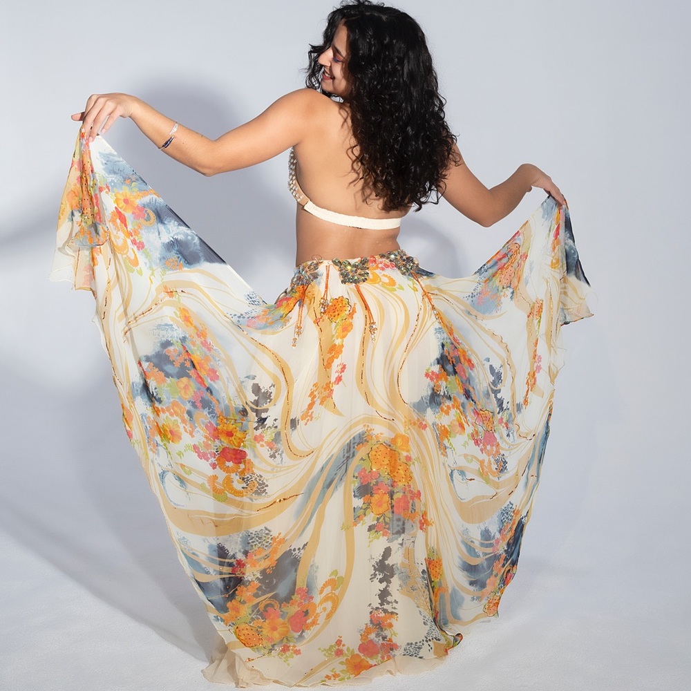 Beautiful Bellydance costume (orange, cream, and blues)